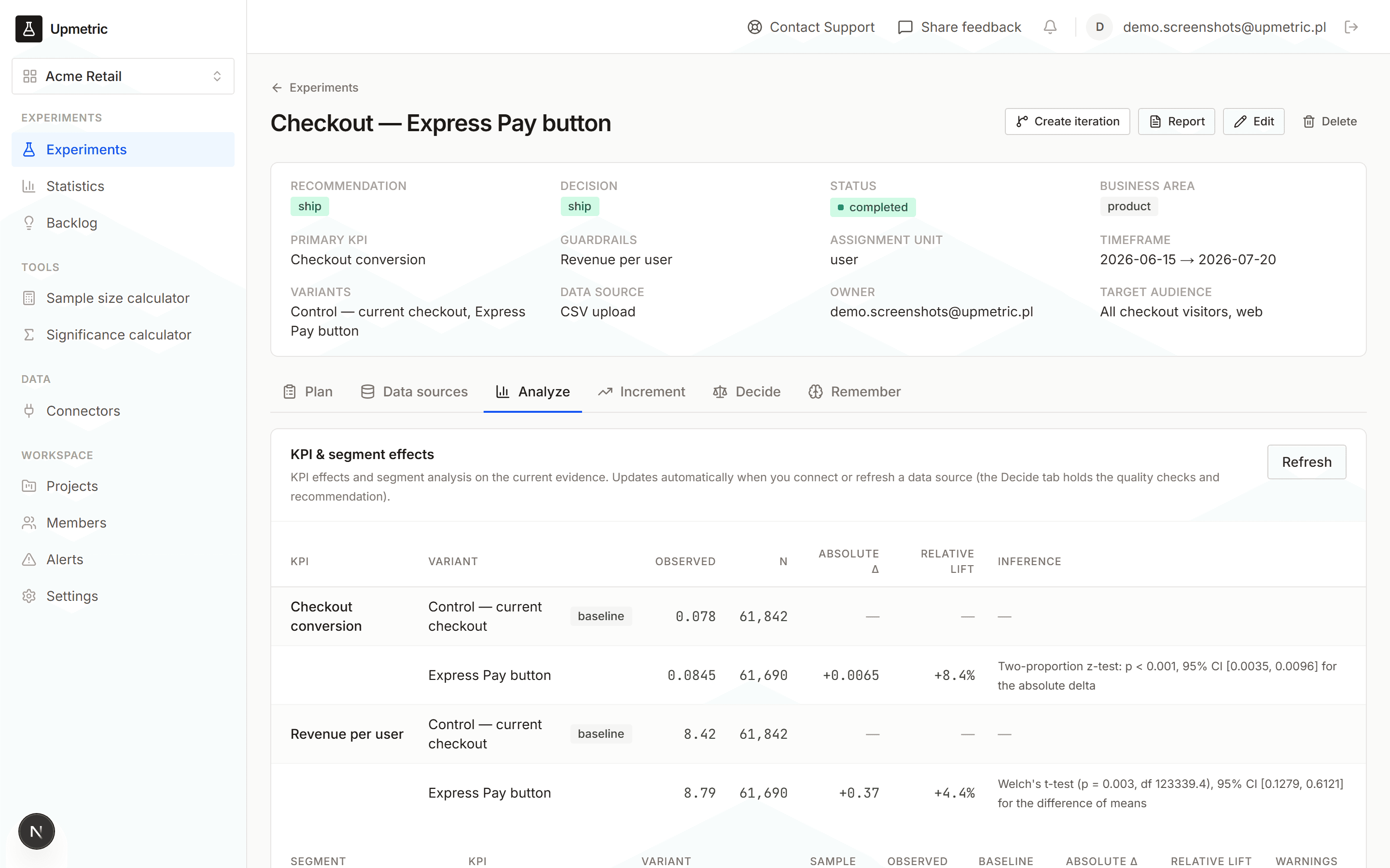 Experiment analysis with KPI effects, p-values and segment effects
