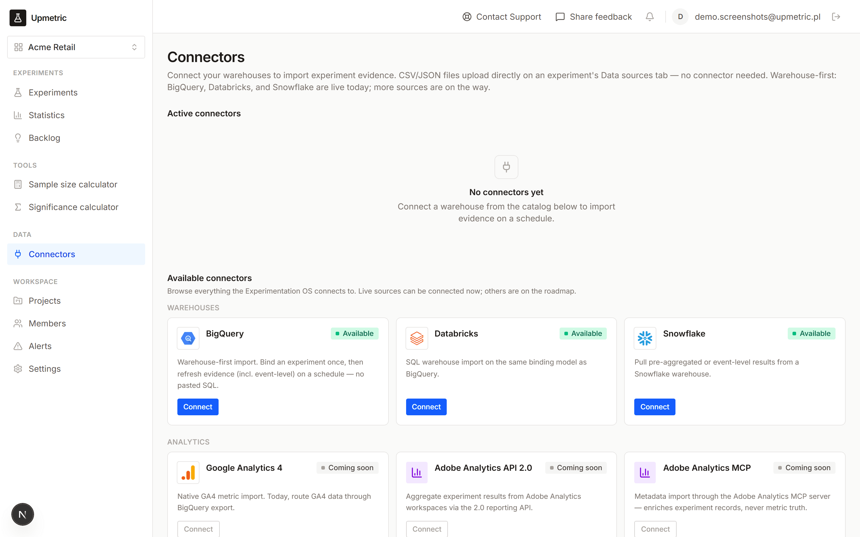 Connector catalog — BigQuery, Databricks, Snowflake