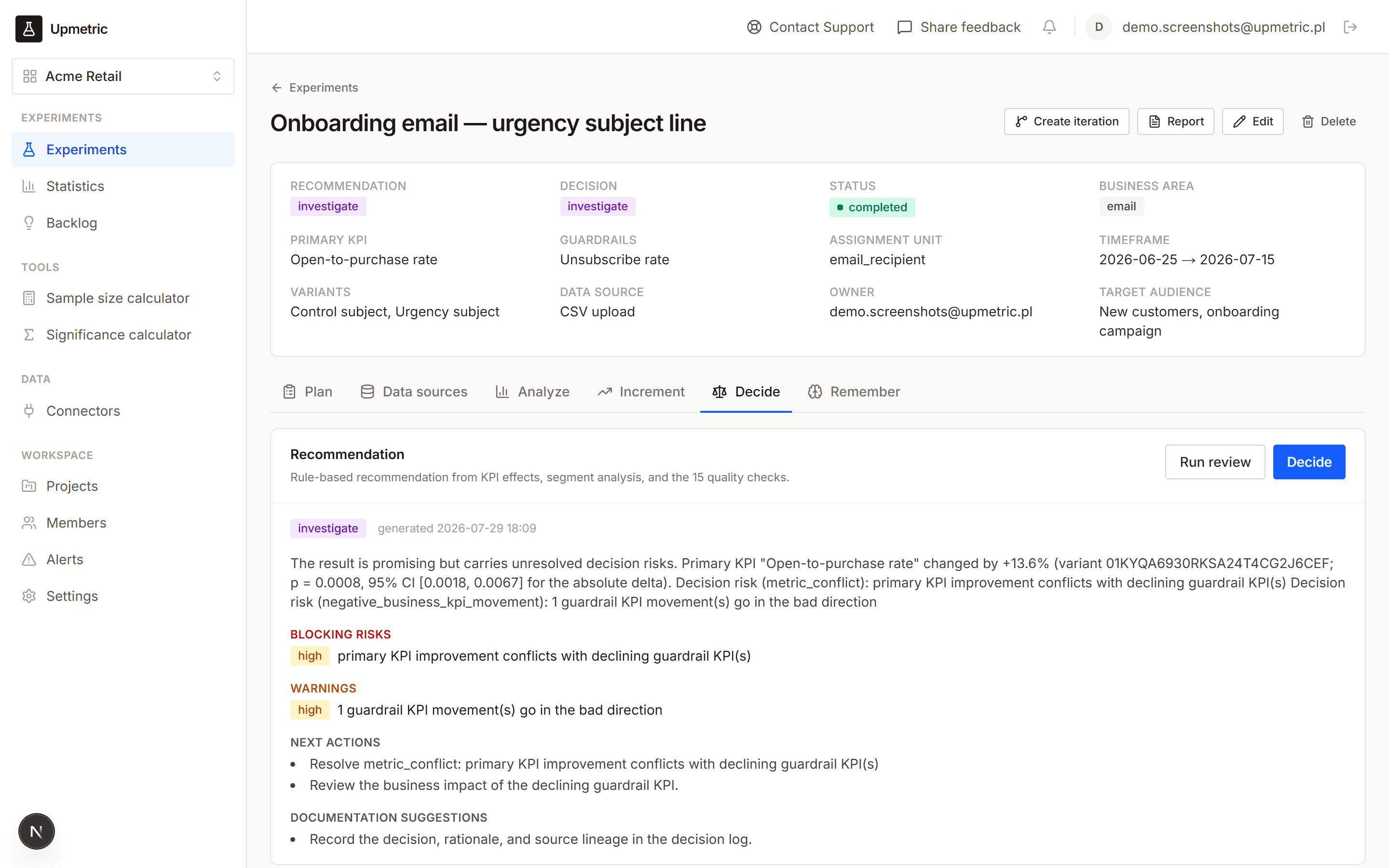Recommendation with blocking risks on a completed experiment