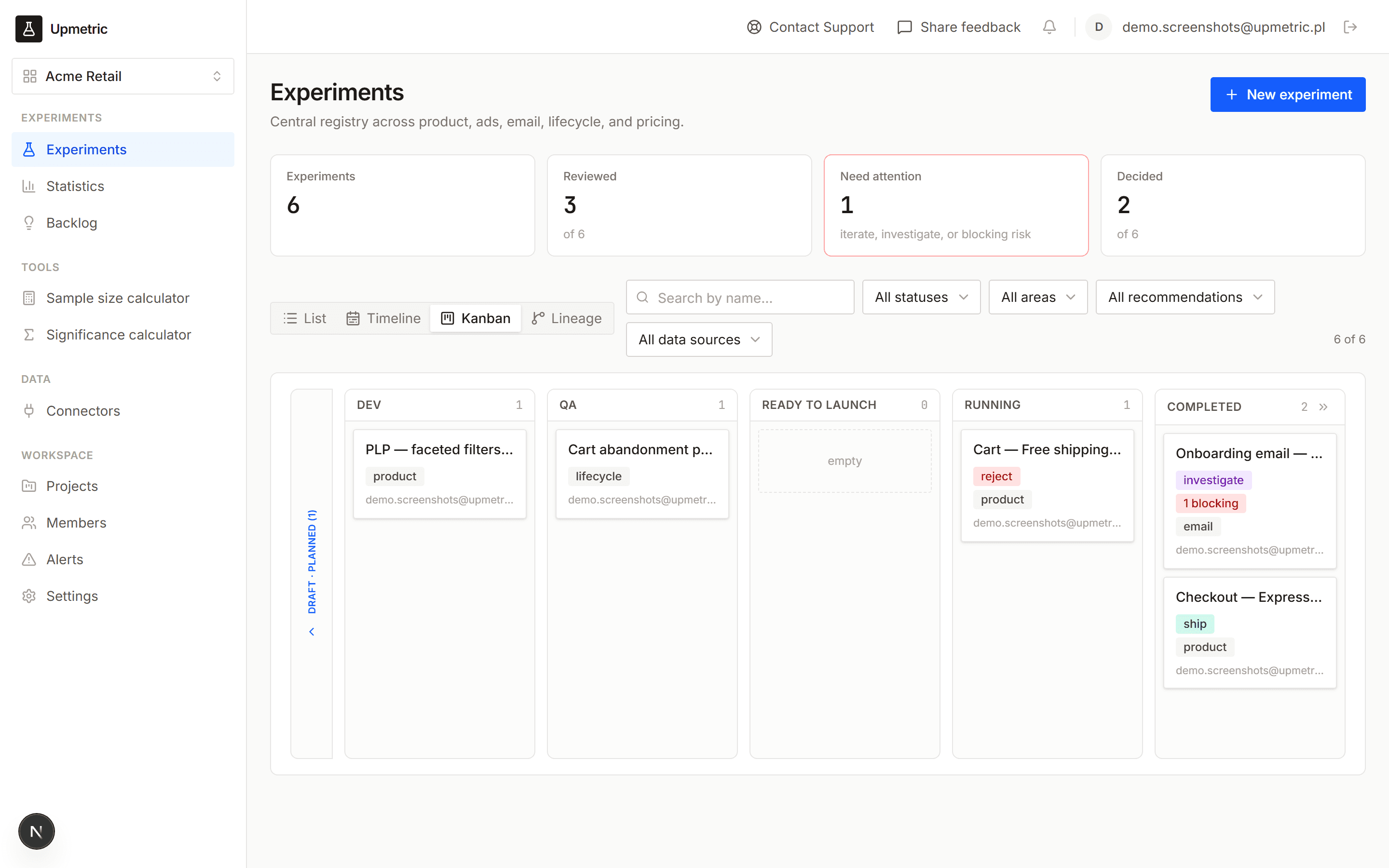 Experiment kanban board by status