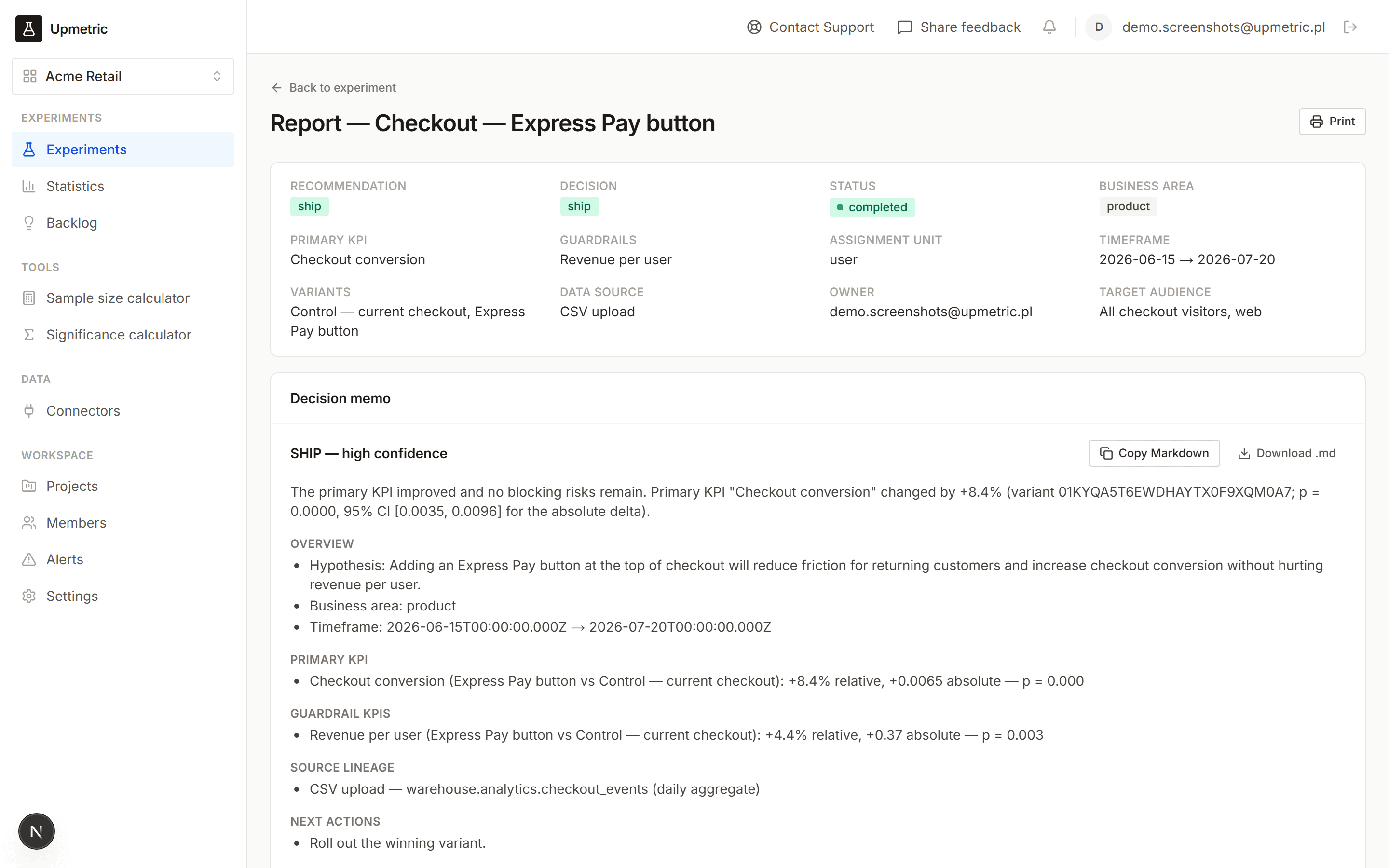 Client-ready experiment report with decision memo