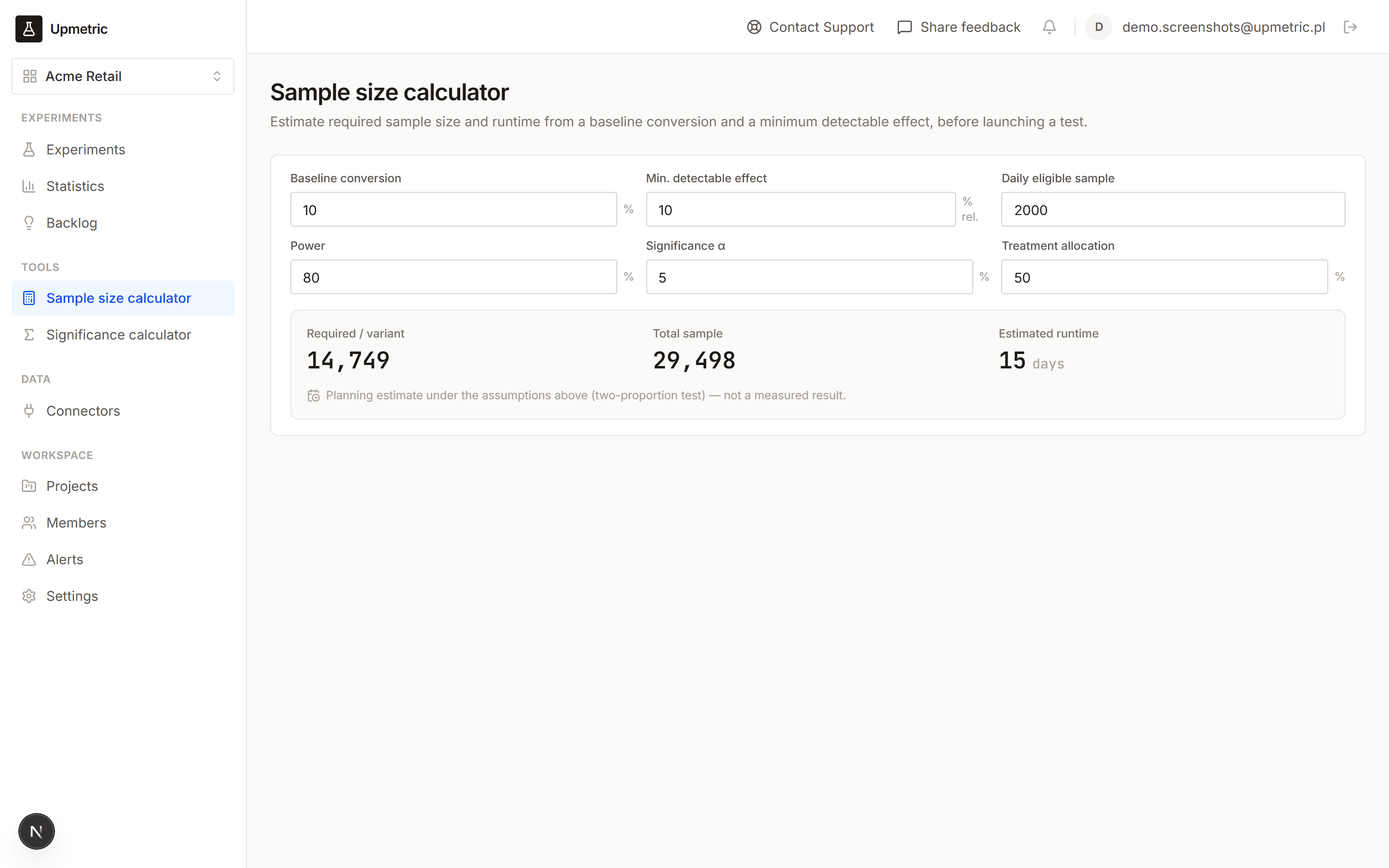 Sample size and runtime calculator